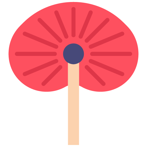 "Icono vectorial plano de un abanico oriental redondo de mano en color rojo con un mango de madera claro."