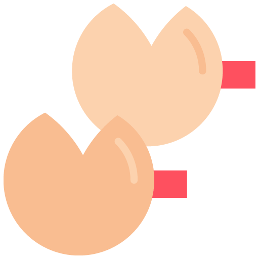 "Icono vectorial plano de dos galletas de la fortuna de color beige con una pequeña tira de papel roja sobresaliendo de cada una."