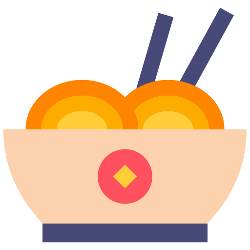 "Icono vectorial plano de un tazón de fideos chinos de color naranja y amarillo con un par de palillos oscuros incrustados."
