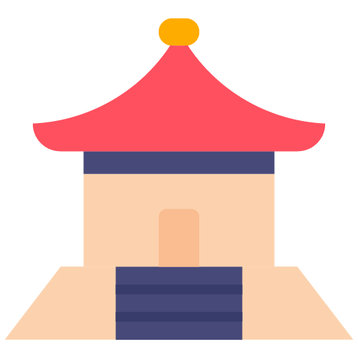 "Icono vectorial plano de un templo tradicional chino o pagoda con tejado curvo de color rojo, detalles en beige y una base con escaleras azules."